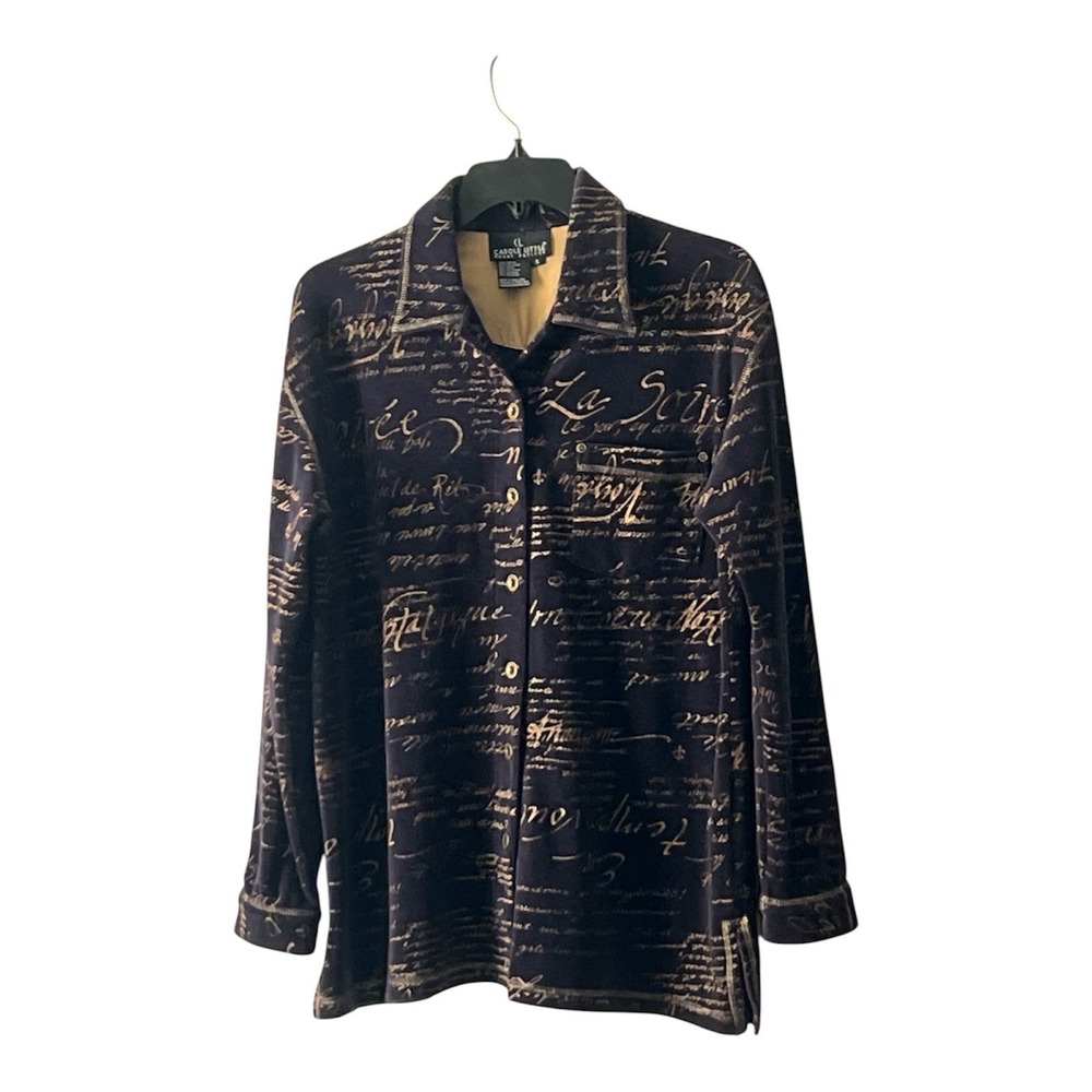 Carole Little Vintage Velvet Script Long Sleeve Button Down Shirt Size S